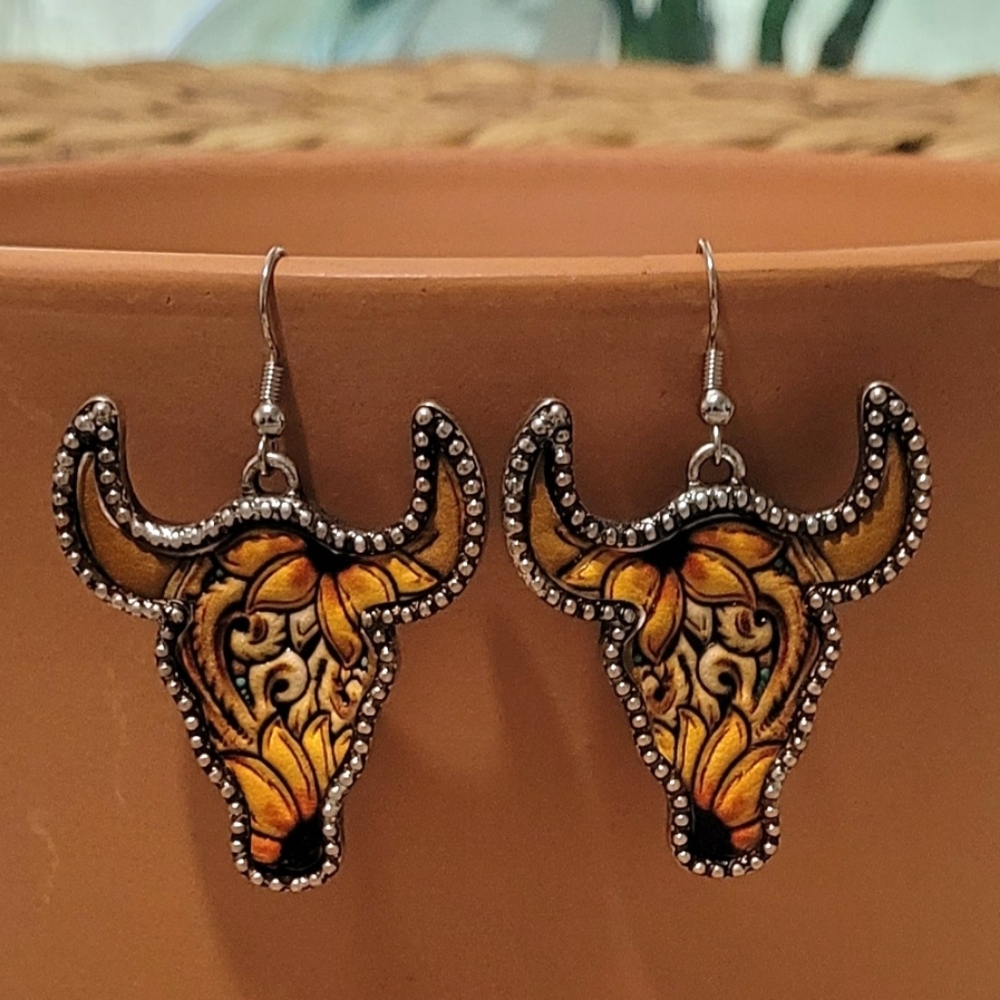 Western Steer Head Earrings With Tooled Leather New